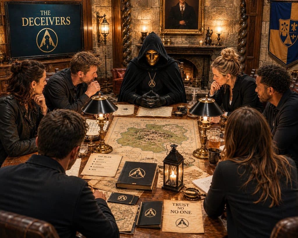The Deceivers team building event with a masked figure at a candlelit map table
