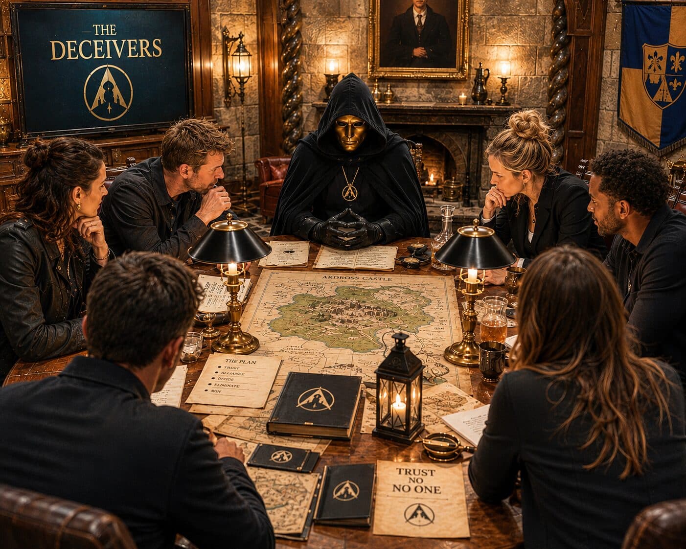 The Deceivers team building event with a masked figure at a candlelit map table